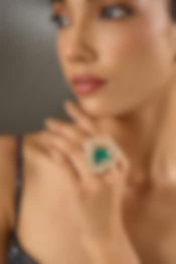 Yellow Gold Finish Moissanite Polki & Emerald Stone Ring In Sterling Silver by STELLA CREATIONS at Pernia's Pop Up Shop
