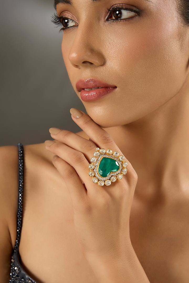Yellow Gold Finish Moissanite Polki & Emerald Stone Ring In Sterling Silver by STELLA CREATIONS at Pernia's Pop Up Shop