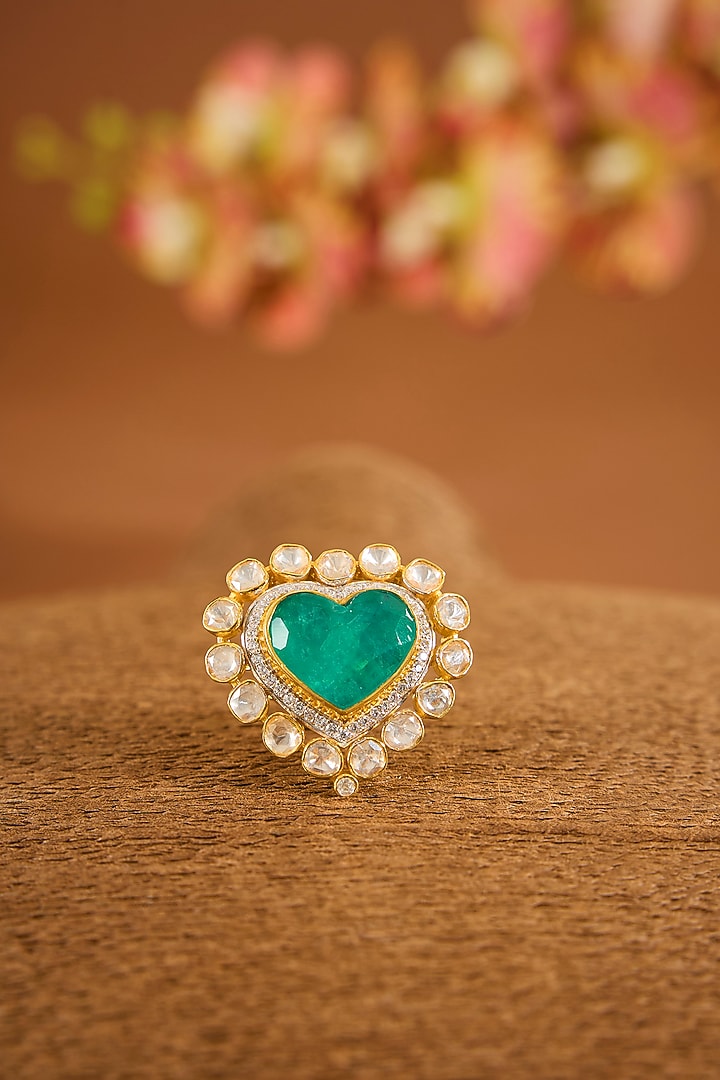 Yellow Gold Finish Moissanite Polki & Emerald Stone Ring In Sterling Silver by STELLA CREATIONS at Pernia's Pop Up Shop