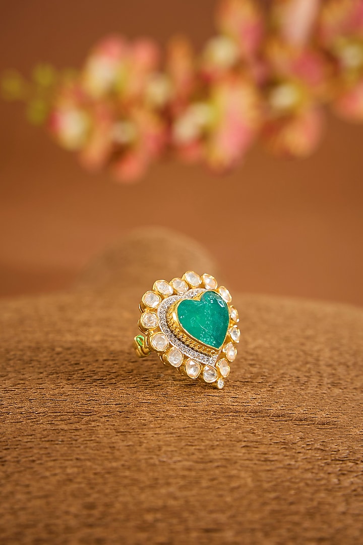 Yellow Gold Finish Moissanite Polki & Emerald Stone Ring In Sterling Silver by STELLA CREATIONS at Pernia's Pop Up Shop