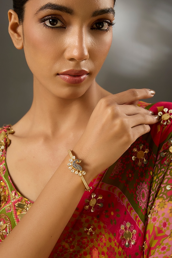 Yellow Gold Finish Moissanite Polki Bracelet In Sterling Silver by STELLA CREATIONS at Pernia's Pop Up Shop