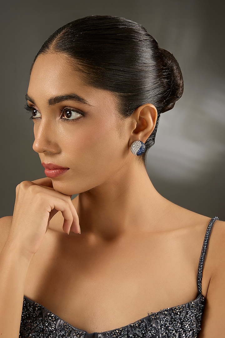 White Gold Finish Zircon & Sapphire Stone Stud Earrings In Sterling Silver by STELLA CREATIONS at Pernia's Pop Up Shop