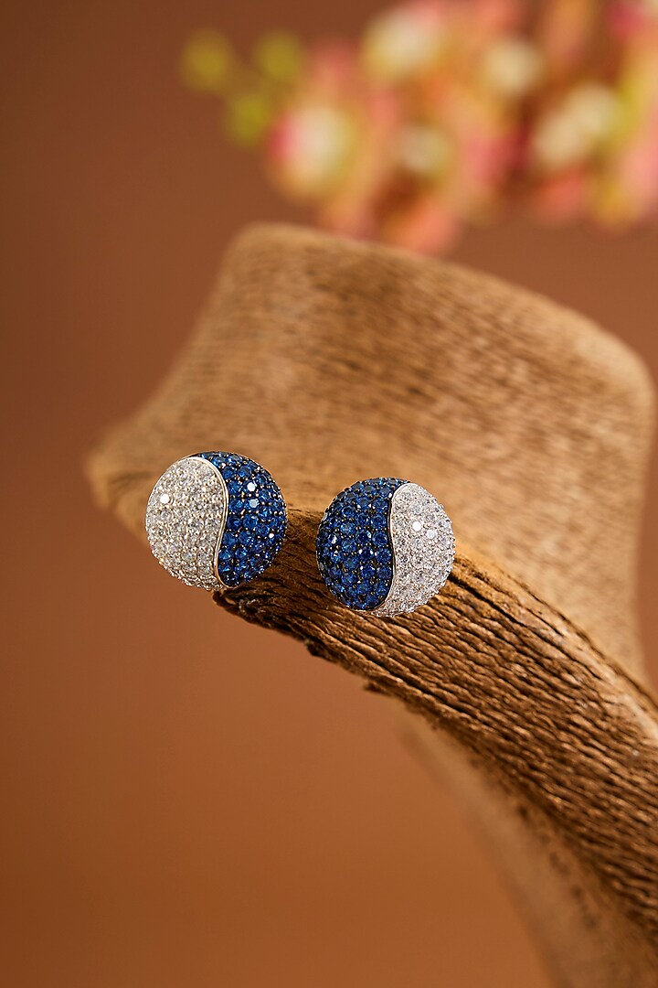 White Gold Finish Zircon & Sapphire Stone Stud Earrings In Sterling Silver by STELLA CREATIONS at Pernia's Pop Up Shop