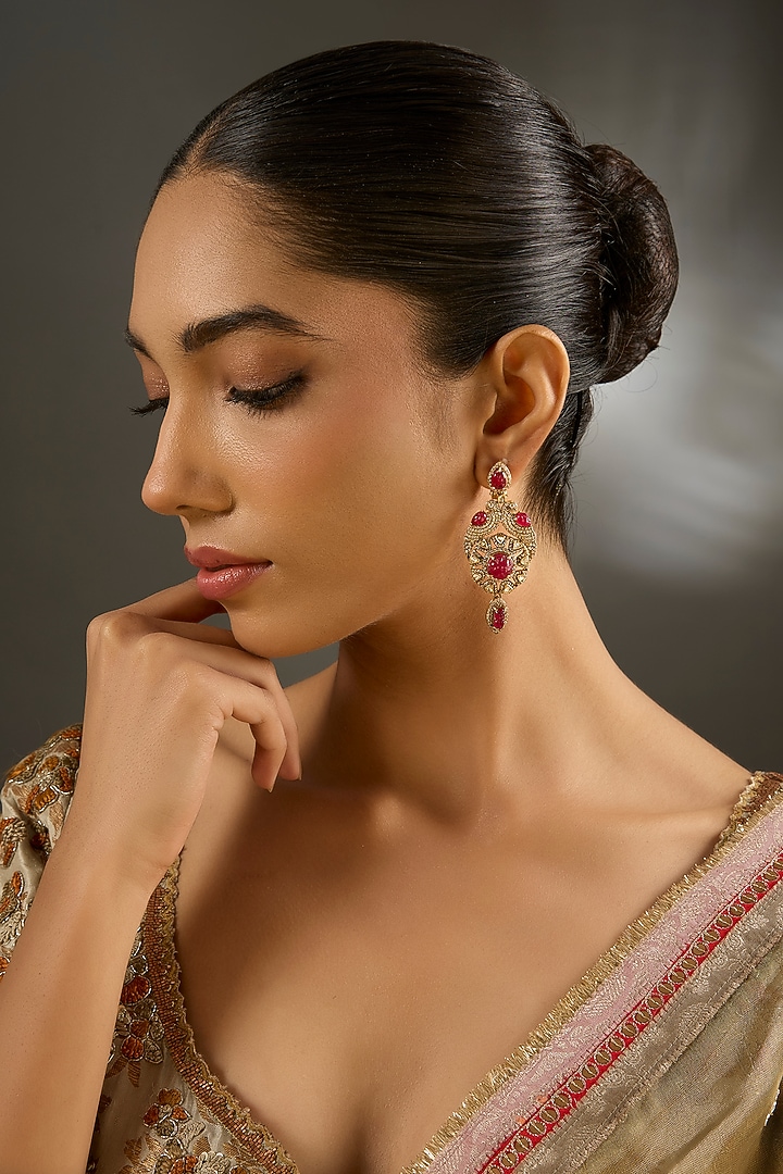 Yellow Gold Finish Moissanite Polki & Ruby Stone Dangler Earrings In Sterling Silver by STELLA CREATIONS at Pernia's Pop Up Shop