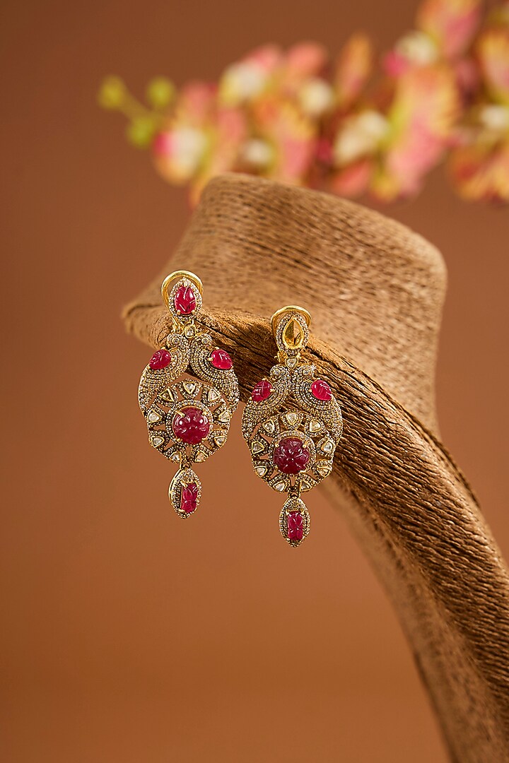 Yellow Gold Finish Moissanite Polki & Ruby Stone Dangler Earrings In Sterling Silver by STELLA CREATIONS at Pernia's Pop Up Shop