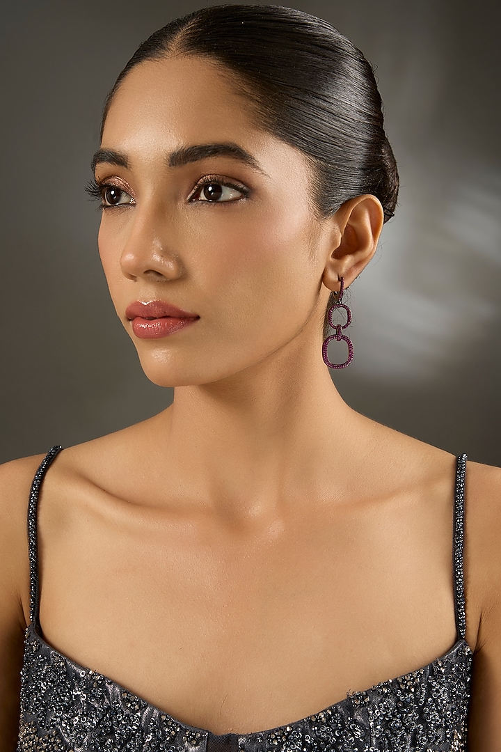 Black Rhodium Finish Ruby Stone Dangler Earrings In Sterling Silver by STELLA CREATIONS at Pernia's Pop Up Shop