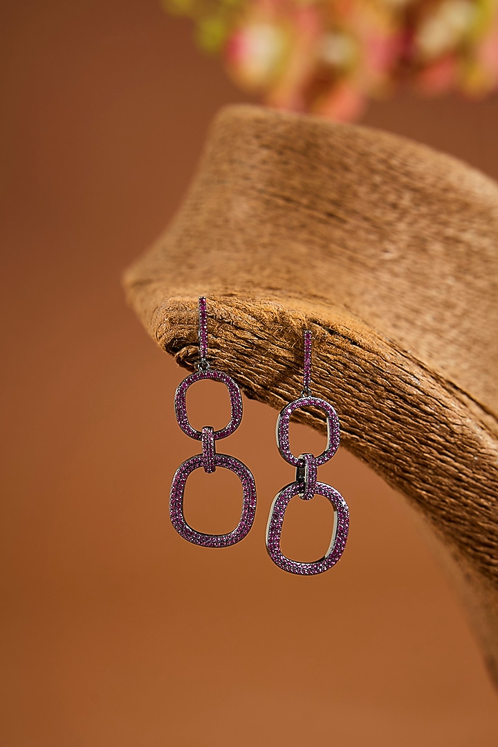 Black Rhodium Finish Ruby Stone Dangler Earrings In Sterling Silver by STELLA CREATIONS at Pernia's Pop Up Shop