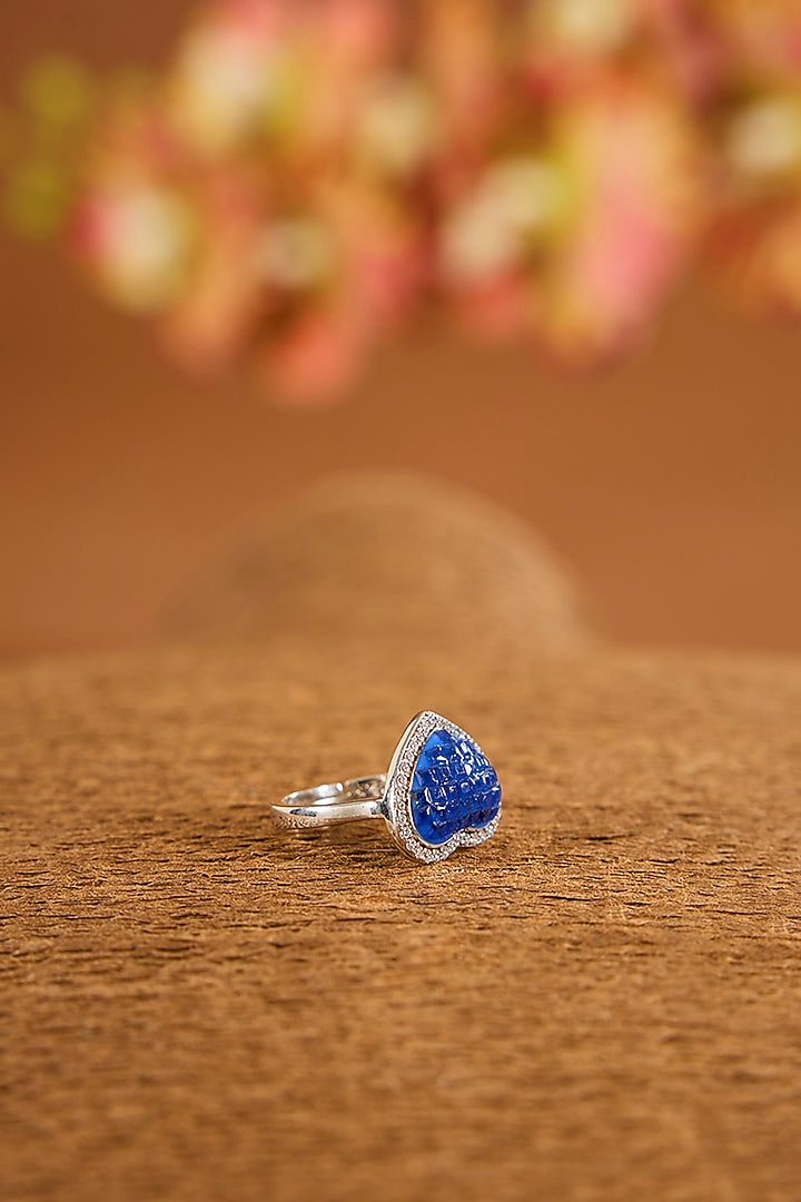 White Gold Finish Zircon & Sapphire Stone Ring In Sterling Silver by STELLA CREATIONS at Pernia's Pop Up Shop