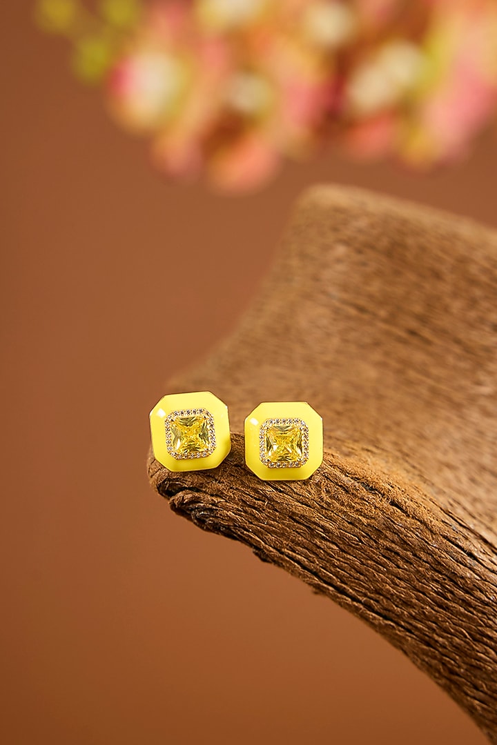Yellow Gold Finish Sapphire Stone & Yellow Enameled Stud Earrings In Sterling Silver by STELLA CREATIONS at Pernia's Pop Up Shop