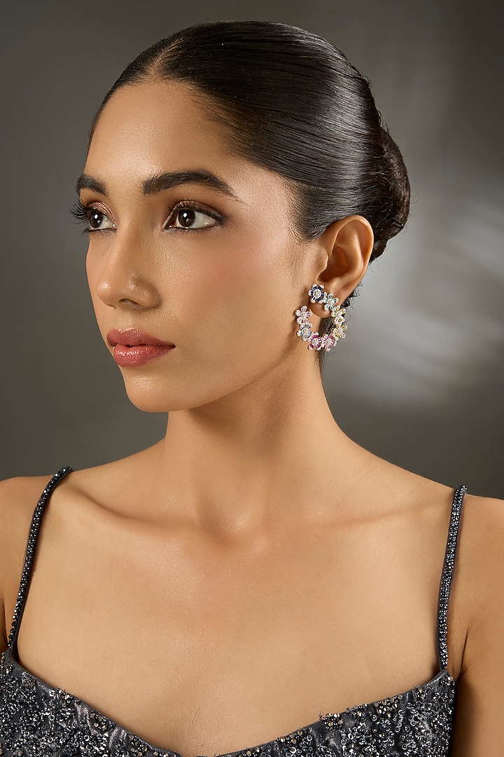 White Gold Finish Zircon & Sapphire Stone Hoop Earrings In Sterling Silver by STELLA CREATIONS at Pernia's Pop Up Shop