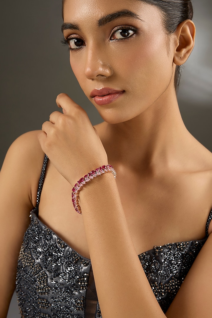 White Gold Finish Zircon & Ruby Stone Bracelet In Sterling Silver by STELLA CREATIONS at Pernia's Pop Up Shop