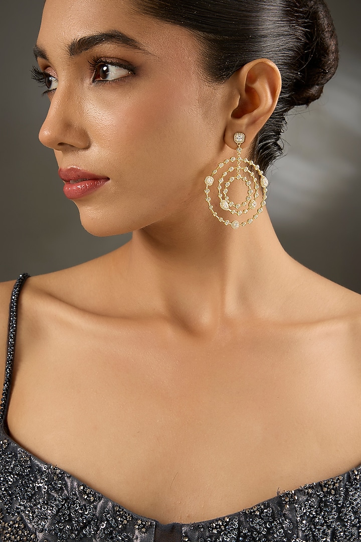 Yellow Gold Finish Eurostar Zircon Chandbali Earrings In Sterling Silver by STELLA CREATIONS at Pernia's Pop Up Shop