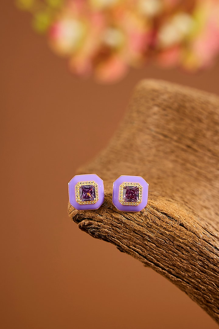 Yellow Gold Finish Amethyst Stone & Purple Enameled Stud Earrings In Sterling Silver by STELLA CREATIONS at Pernia's Pop Up Shop