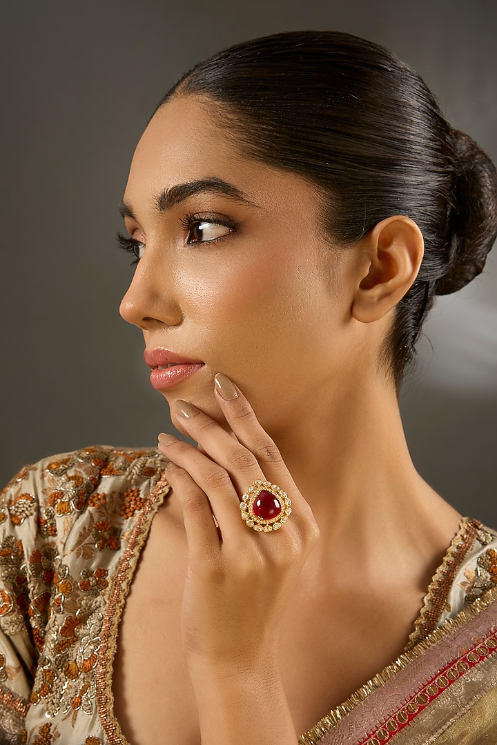 Gold Finish Moissanite Polki & Ruby Stone Ring In Sterling Silver by STELLA CREATIONS at Pernia's Pop Up Shop