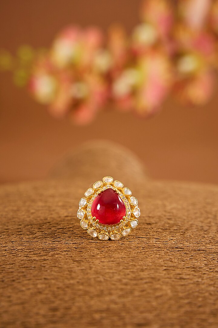 Gold Finish Moissanite Polki & Ruby Stone Ring In Sterling Silver by STELLA CREATIONS at Pernia's Pop Up Shop