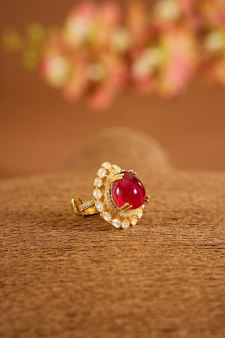 Gold Finish Moissanite Polki & Ruby Stone Ring In Sterling Silver by STELLA CREATIONS at Pernia's Pop Up Shop
