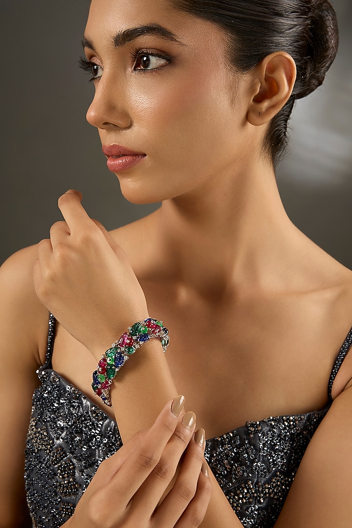 White Finish Zircon & Multi-Colored Stone Bracelet In Sterling Silver by STELLA CREATIONS at Pernia's Pop Up Shop