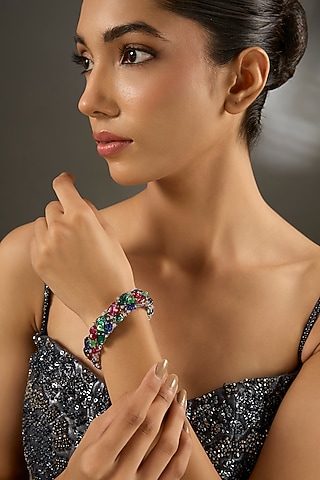 White Finish Zircon & Multi-Colored Stone Bracelet In Sterling Silver by STELLA CREATIONS