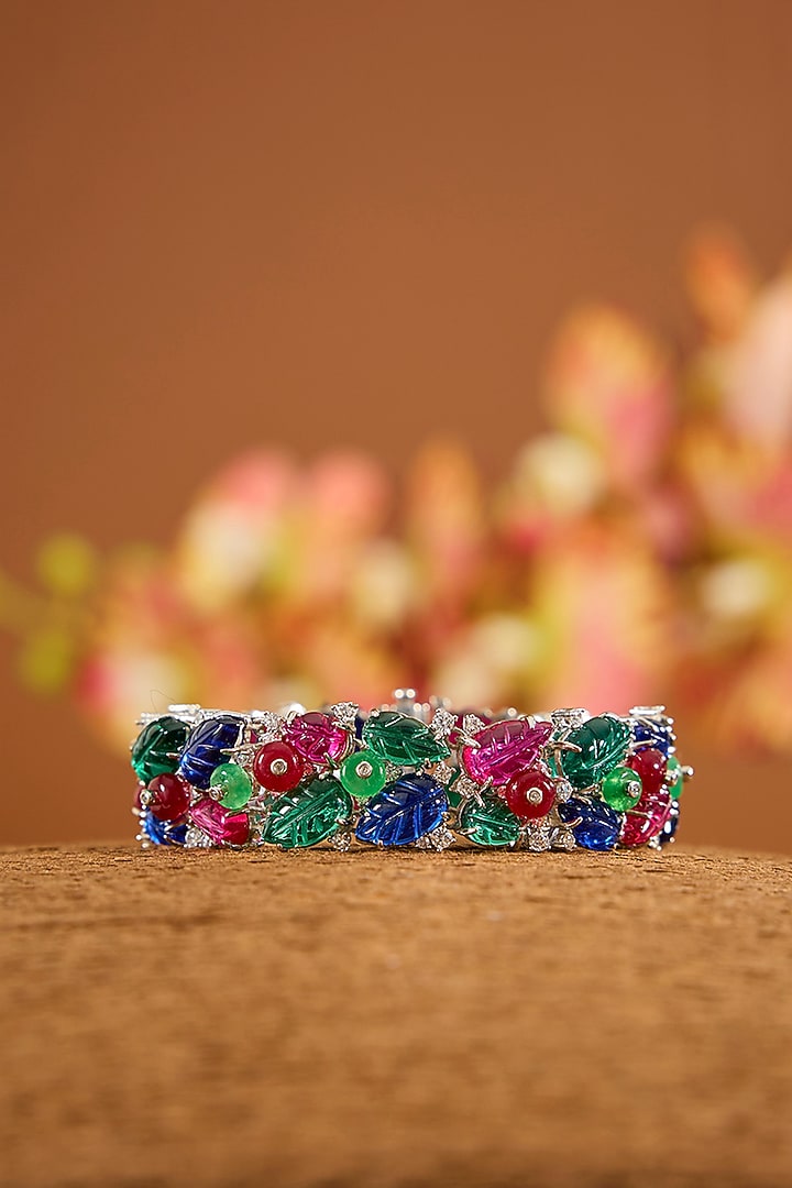 White Finish Zircon & Multi-Colored Stone Bracelet In Sterling Silver by STELLA CREATIONS at Pernia's Pop Up Shop