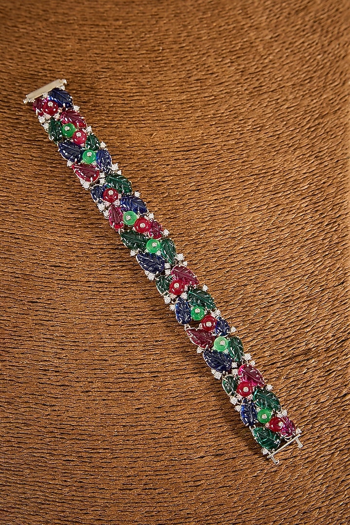 White Finish Zircon & Multi-Colored Stone Bracelet In Sterling Silver by STELLA CREATIONS at Pernia's Pop Up Shop