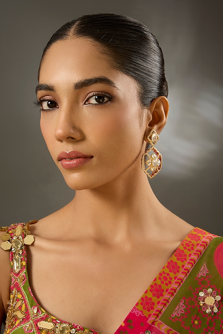 Yellow Gold Finish Moissanite Polki Dangler Earrings In Sterling Silver by STELLA CREATIONS at Pernia's Pop Up Shop