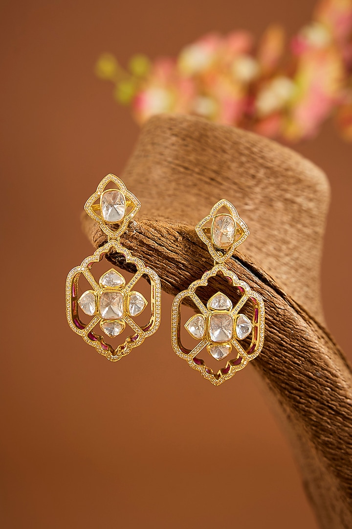 Yellow Gold Finish Moissanite Polki Dangler Earrings In Sterling Silver by STELLA CREATIONS at Pernia's Pop Up Shop