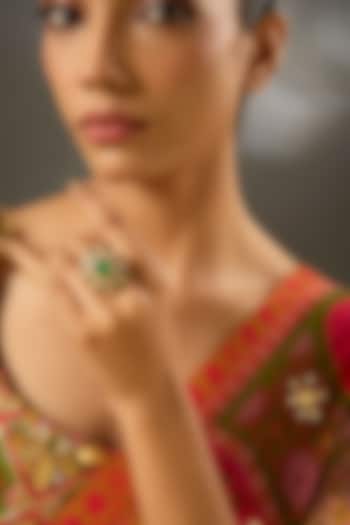 Yellow Gold Finish Moissanite Polki & Emerald Stone Ring In Sterling Silver by STELLA CREATIONS at Pernia's Pop Up Shop