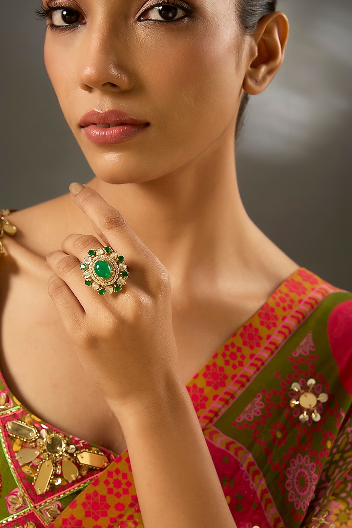 Yellow Gold Finish Moissanite Polki & Emerald Stone Ring In Sterling Silver by STELLA CREATIONS at Pernia's Pop Up Shop