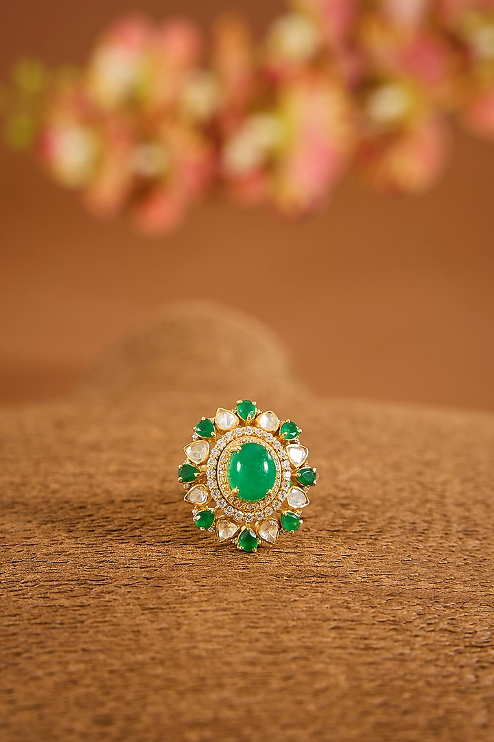 Yellow Gold Finish Moissanite Polki & Emerald Stone Ring In Sterling Silver by STELLA CREATIONS at Pernia's Pop Up Shop