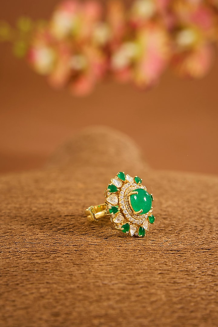 Yellow Gold Finish Moissanite Polki & Emerald Stone Ring In Sterling Silver by STELLA CREATIONS at Pernia's Pop Up Shop