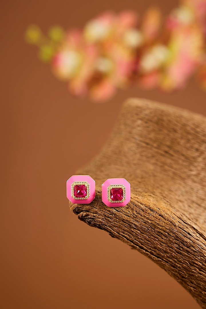 Yellow Gold Finish Ruby Stone & Pink Enameled Stud Earrings In Sterling Silver by STELLA CREATIONS at Pernia's Pop Up Shop