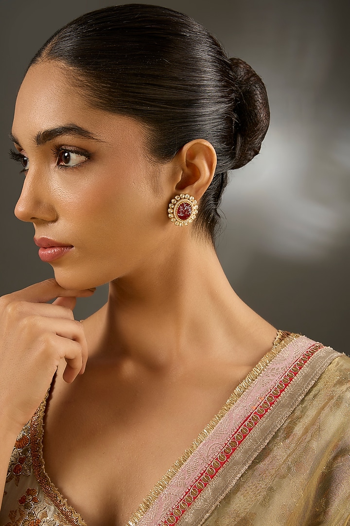 Yellow Gold Finish Moissanite Polki & Ruby Stone Stud Earrings In Sterling Silver by STELLA CREATIONS at Pernia's Pop Up Shop