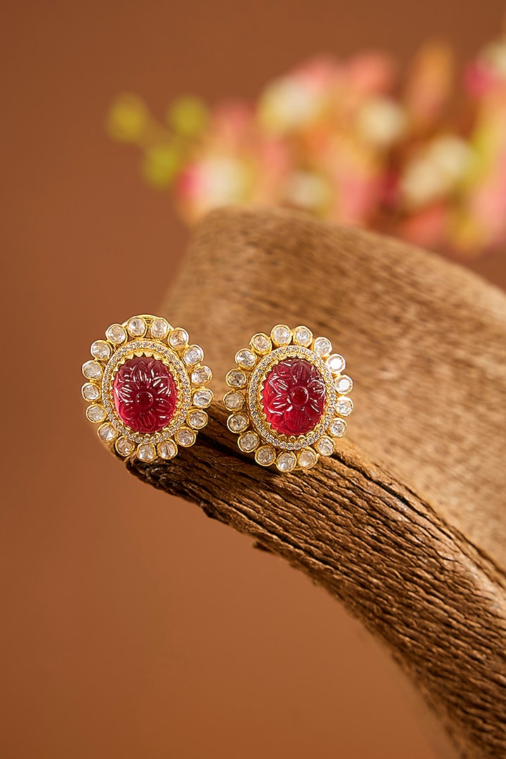 Yellow Gold Finish Moissanite Polki & Ruby Stone Stud Earrings In Sterling Silver by STELLA CREATIONS at Pernia's Pop Up Shop