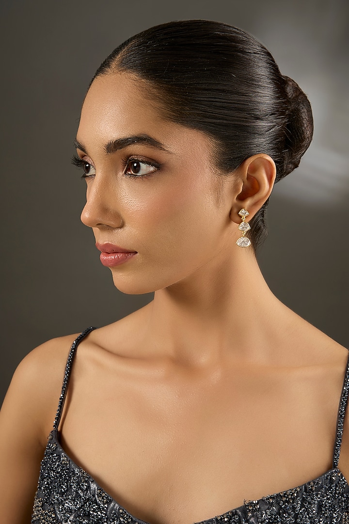 Yellow Gold Finish Moissanite Polki Dangler Earrings In Sterling Silver by STELLA CREATIONS at Pernia's Pop Up Shop