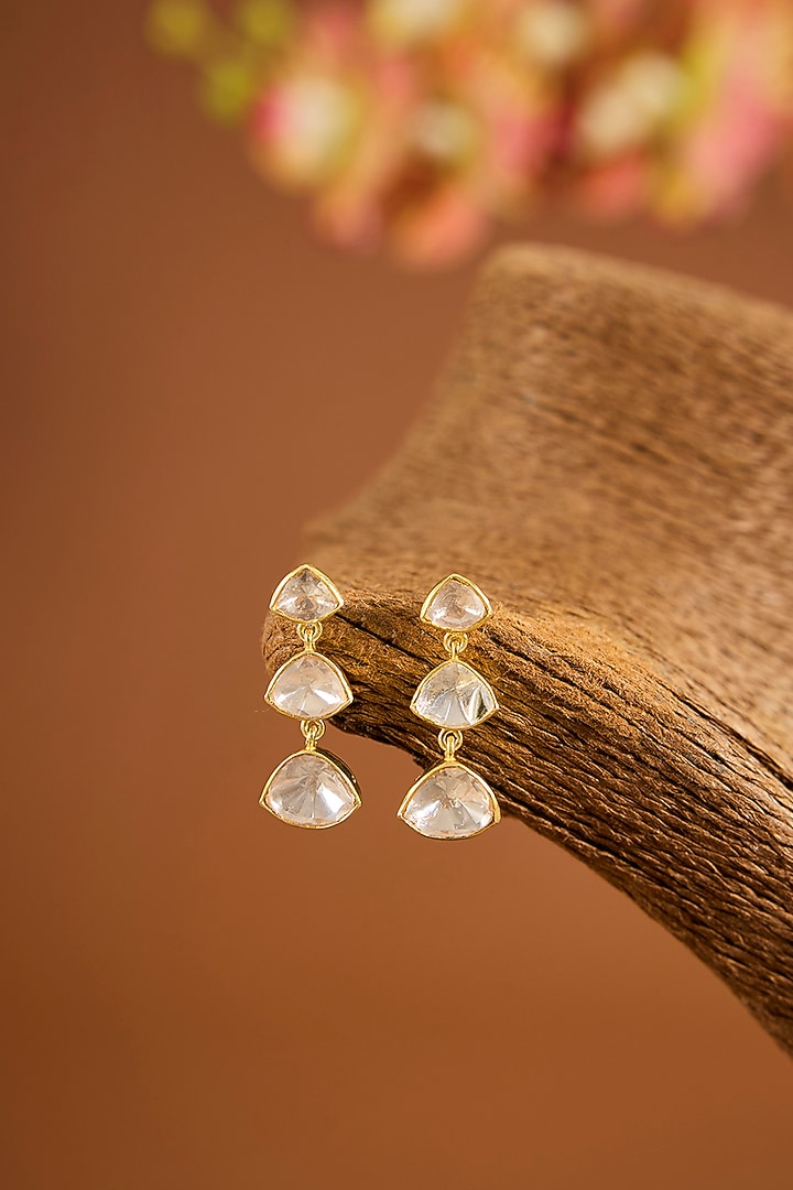 Yellow Gold Finish Moissanite Polki Dangler Earrings In Sterling Silver by STELLA CREATIONS at Pernia's Pop Up Shop