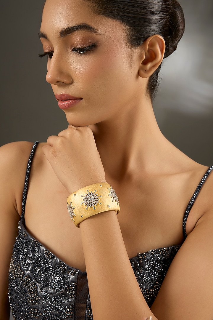 Matte Gold Finish Eurostar Zircon Openable Bracelet In Sterling Silver by STELLA CREATIONS at Pernia's Pop Up Shop