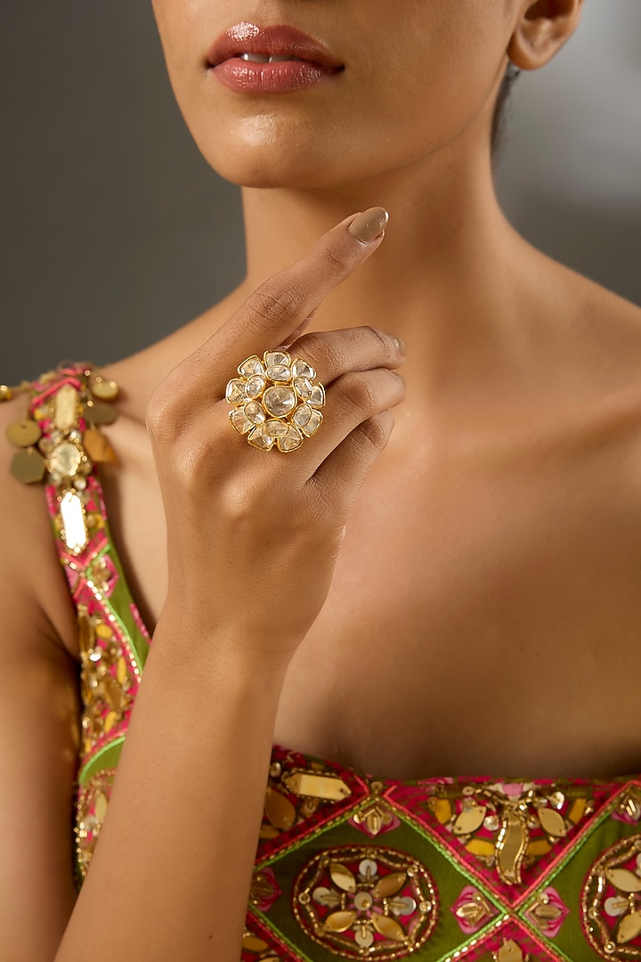 Yellow Gold Finish Moissanite PolkI Ring In Sterling Silver by STELLA CREATIONS at Pernia's Pop Up Shop