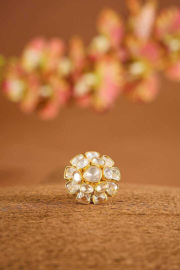 Yellow Gold Finish Moissanite PolkI Ring In Sterling Silver by STELLA CREATIONS at Pernia's Pop Up Shop