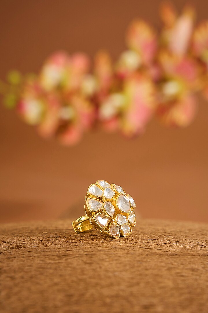 Yellow Gold Finish Moissanite PolkI Ring In Sterling Silver by STELLA CREATIONS at Pernia's Pop Up Shop