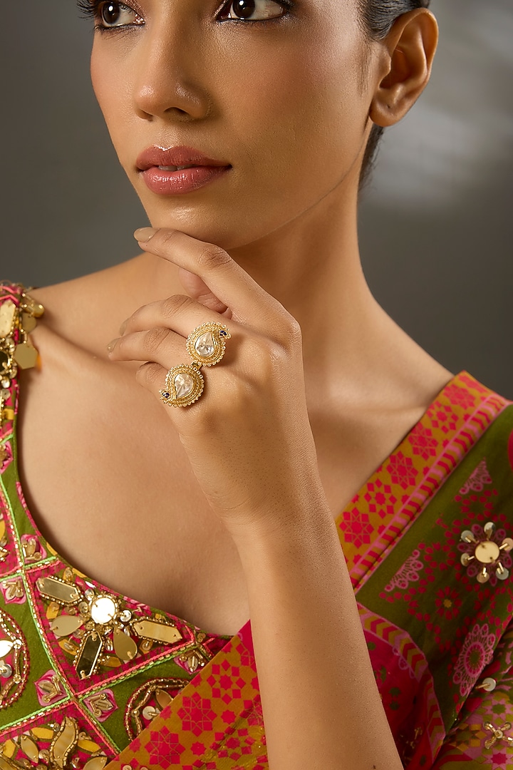 Yellow Gold Finish Moissanite Polki Ring In Sterling Silver by STELLA CREATIONS at Pernia's Pop Up Shop