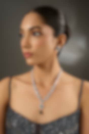 White Gold Finish Zircon & Emerald Stone Long Necklace Set by STELLA CREATIONS at Pernia's Pop Up Shop