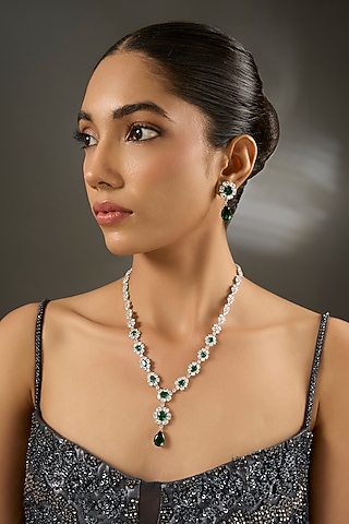 White Gold Finish Zircon & Emerald Stone Long Necklace Set by STELLA CREATIONS