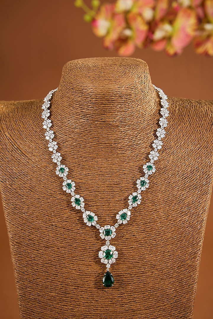White Gold Finish Zircon & Emerald Stone Long Necklace Set by STELLA CREATIONS at Pernia's Pop Up Shop