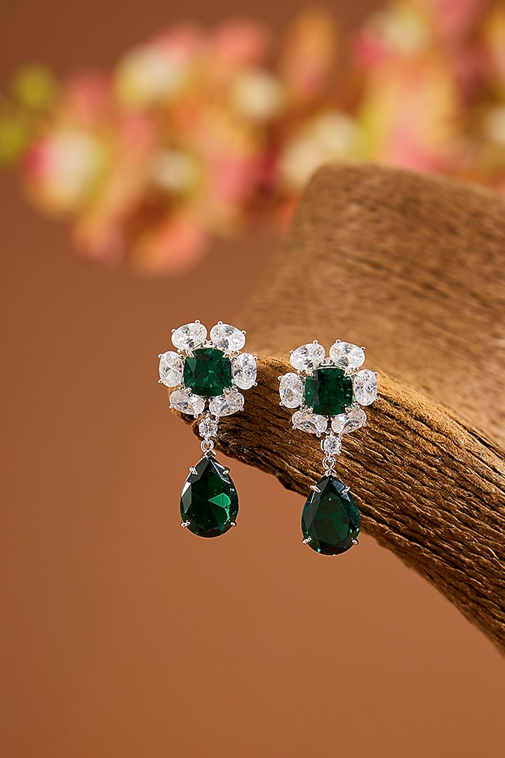 White Gold Finish Zircon & Emerald Stone Long Necklace Set by STELLA CREATIONS at Pernia's Pop Up Shop