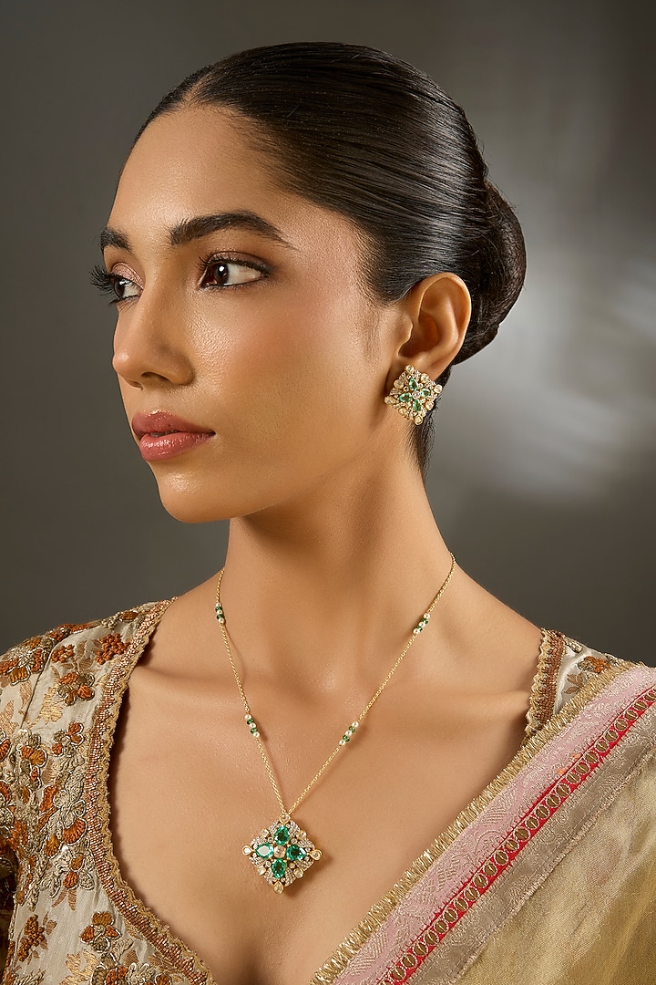 Yellow Gold Finish Emerald Stone Pendant Necklace Set by STELLA CREATIONS at Pernia's Pop Up Shop
