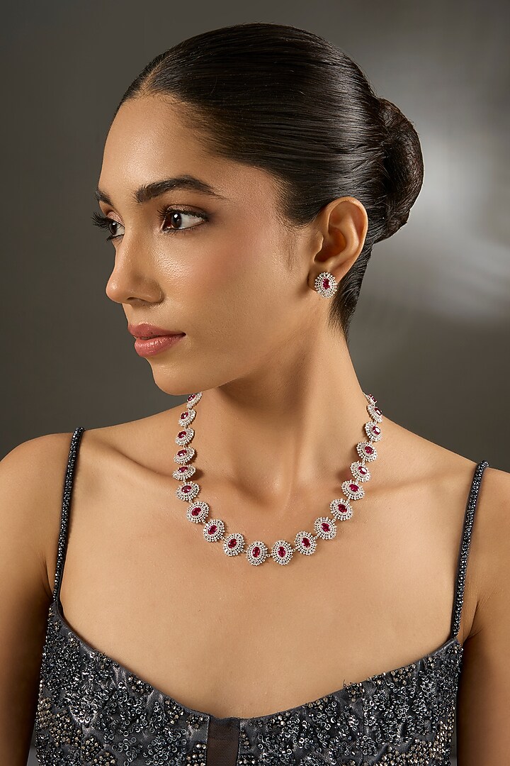 Gold Finish Zircon & Ruby Stone Necklace Set In Sterling Silver by STELLA CREATIONS at Pernia's Pop Up Shop