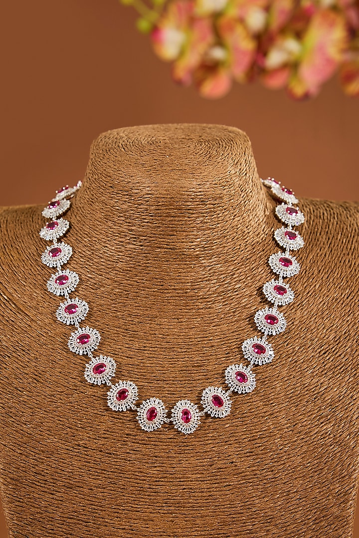 Gold Finish Zircon & Ruby Stone Necklace Set In Sterling Silver by STELLA CREATIONS at Pernia's Pop Up Shop