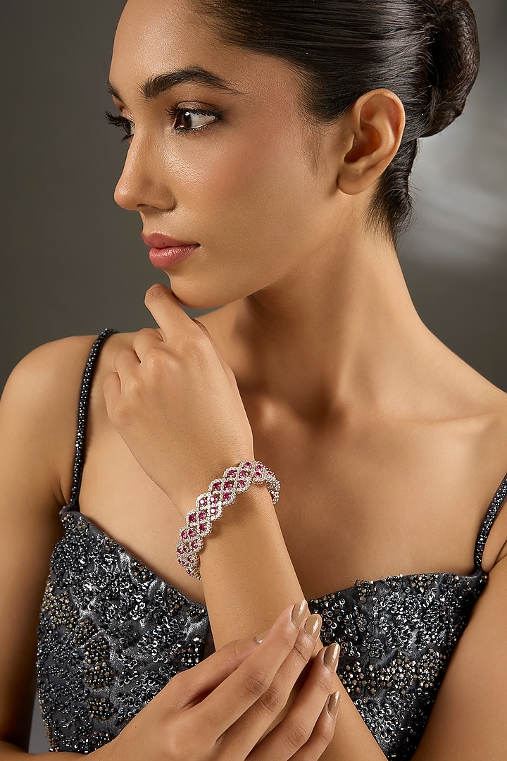 White Gold Finish Zircon & Ruby Stone Bracelet In Sterling Silver by STELLA CREATIONS at Pernia's Pop Up Shop