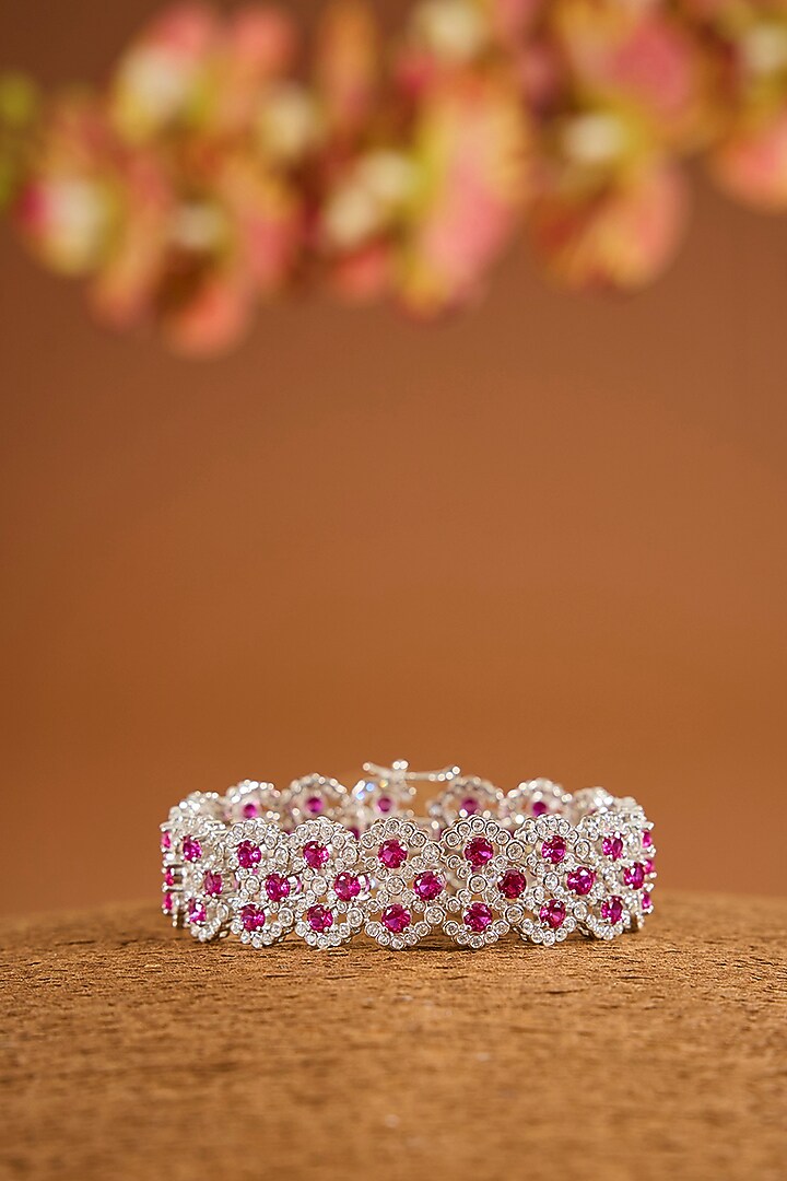 White Gold Finish Zircon & Ruby Stone Bracelet In Sterling Silver by STELLA CREATIONS at Pernia's Pop Up Shop