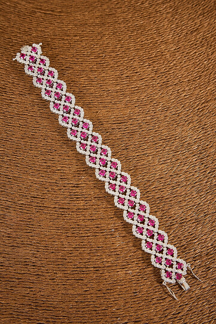 White Gold Finish Zircon & Ruby Stone Bracelet In Sterling Silver by STELLA CREATIONS at Pernia's Pop Up Shop